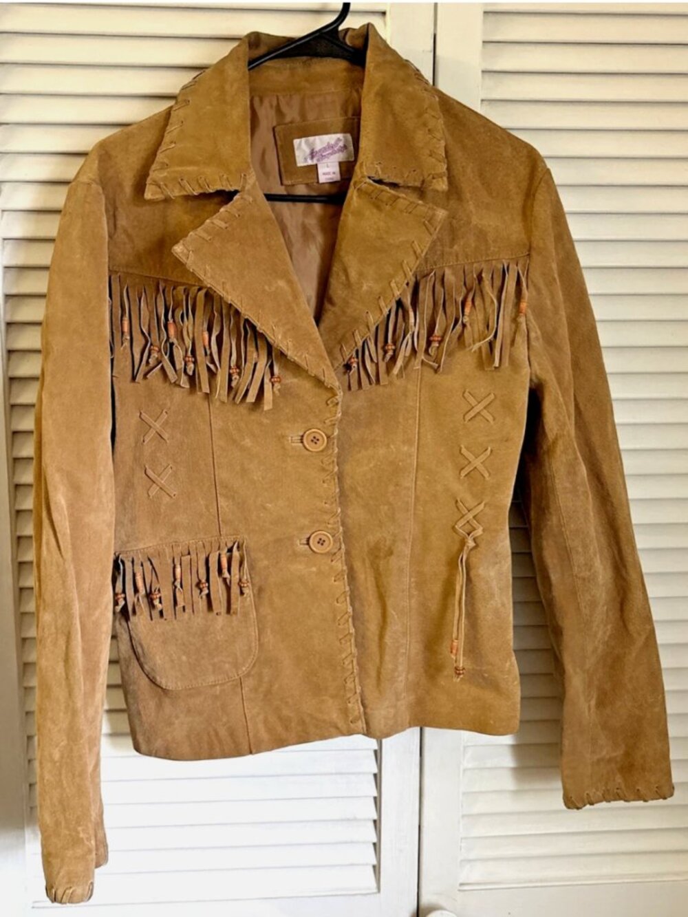 Vtg Beige Western Boho Beaded Fringe Leather Suede Jacket Women’s L Amanda G